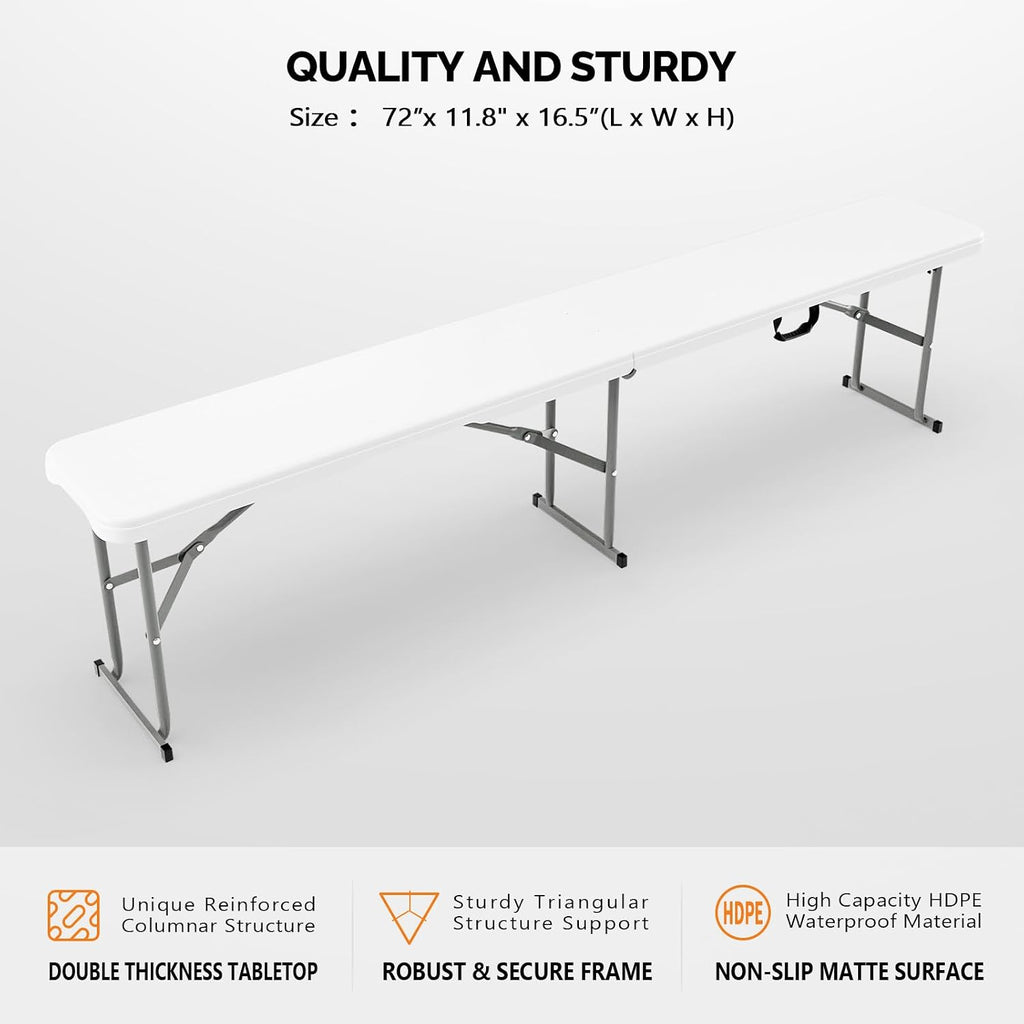 Bonnlo 6 FT Plastic Folding Bench with Handle, Sturdy Metal Frame, Perfect for Indoor/Outdoor Party, Picnic, Camping, Restaurant, Dinning Room, Cafe, Wedding and Commercial Events,1P