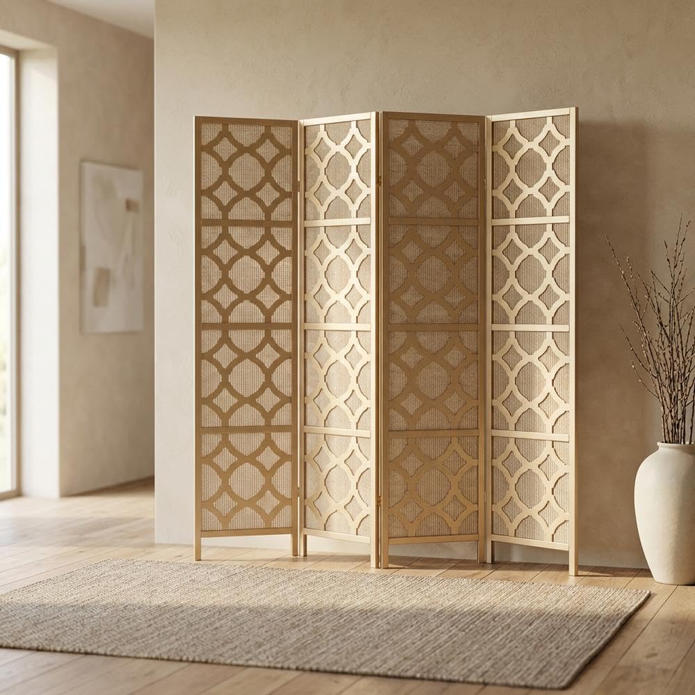 FurniFact Gold 4-Panel Wood Room Divider, Folding Screen, Fabric Panels, Diamond Design, Transitional Style, 70 Inch, Freestanding
