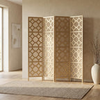 FurniFact Gold 4-Panel Wood Room Divider, Folding Screen, Fabric Panels, Diamond Design, Transitional Style, 70 Inch, Freestanding