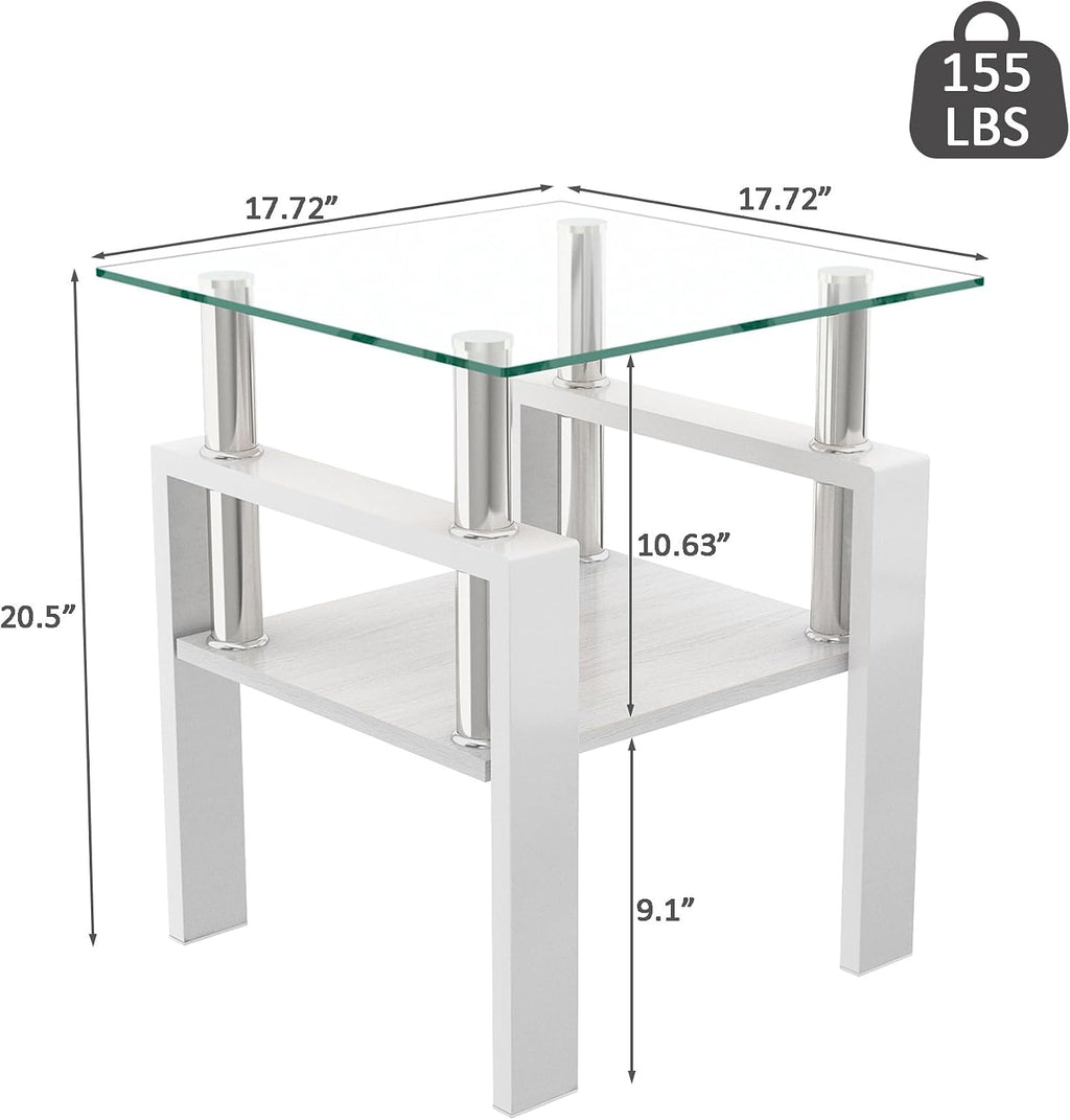 2-piece Set Modern Tempered Glass Side Table, Small Glass Top End Table, Square Table with Metal Frame, Suitable for Living Room and Bedroom