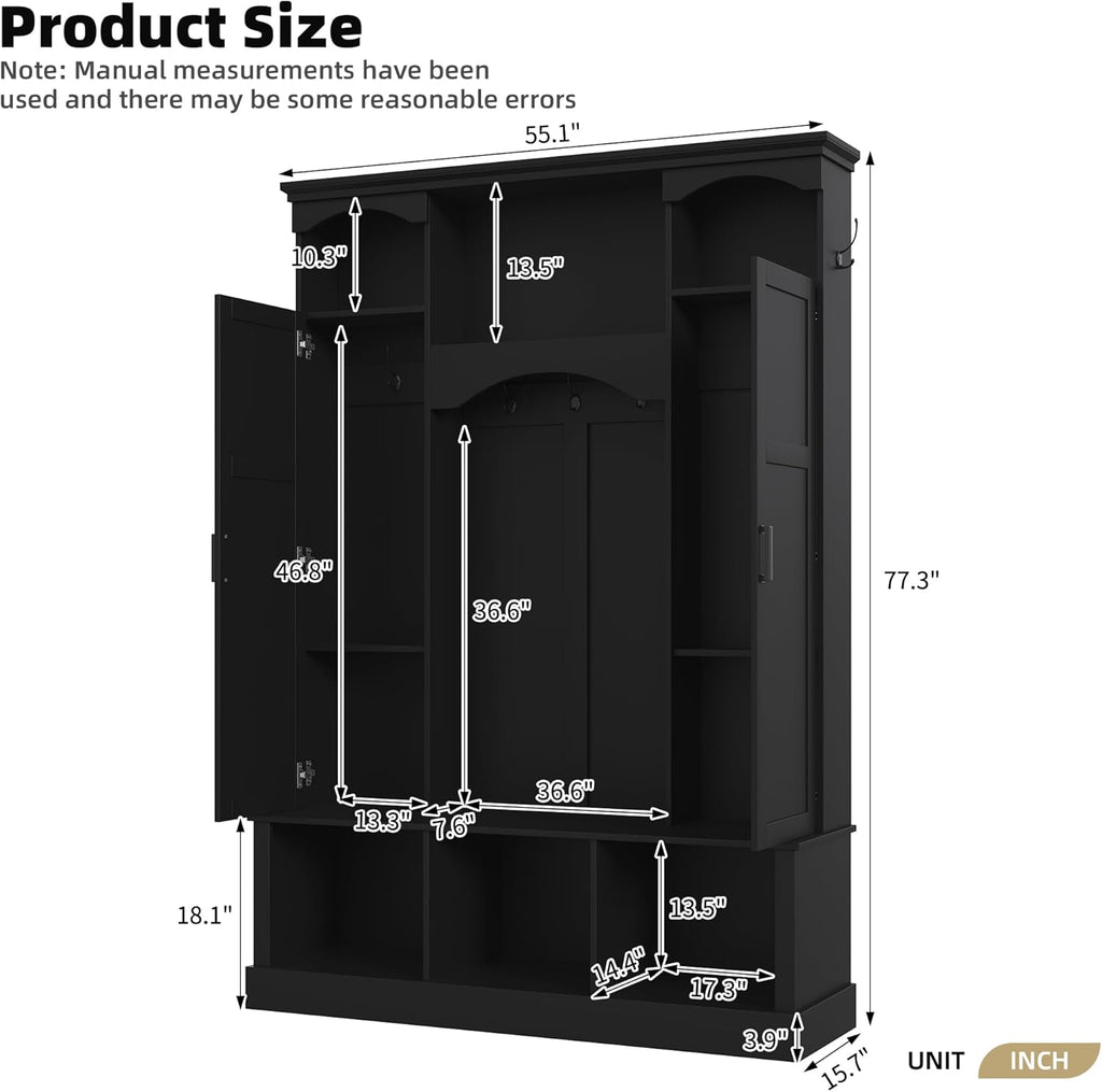 Merax Hall Tree with Bench and Shoe Storage 77.3" Tall with Adjustable Shelves, Modern All-in-One Entryway Bench with 2 Side Cabinets & 7 Hooks, Elegant Arched Design, 55.1"L x 15.7"W (Black)
