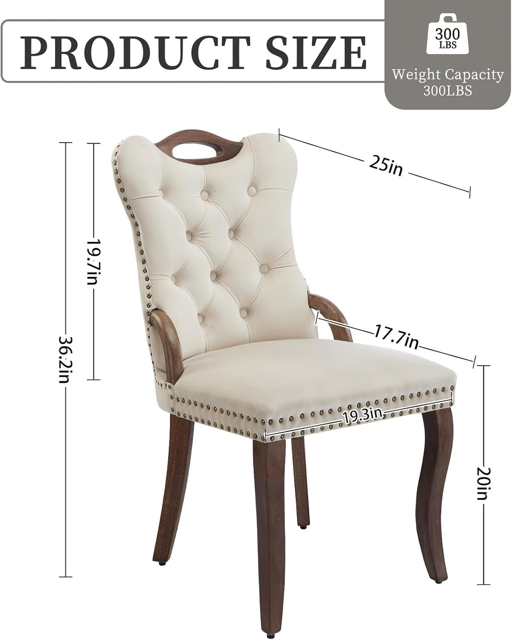 Shenyon Beige Velvet Dining Chairs Set of 2，Modern Upholstered Dining Room Chairs with Tufted Back and Wood Handles, Curved Solid Wood Legs, Sillas de Comedor