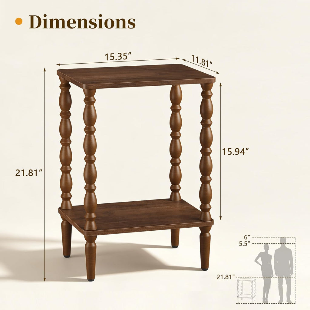 Small Side Table - 2-Tier Wood End Table with Storage Shelf for Living Room, Vintage Night Stand for Bedroom Small Spaces, Rectangle Accent Table with Spindle Legs, Walnut