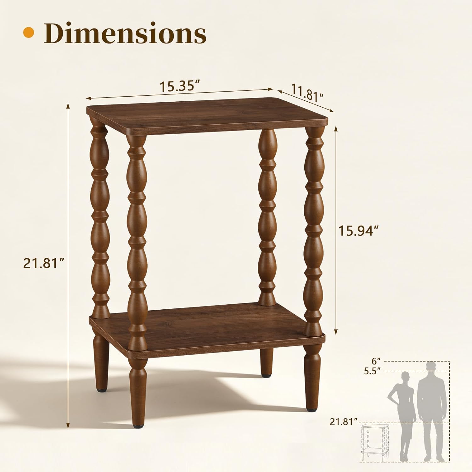 Small Side Table - 2-Tier Wood End Table with Storage Shelf for Living Room, Vintage Night Stand for Bedroom Small Spaces, Rectangle Accent Table with Spindle Legs, Walnut