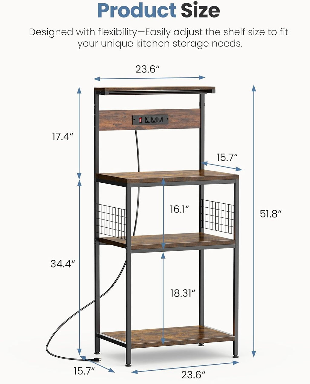 DUMOS Kitchen Bakers Rack with Power Outlet, 23.6-Inch Microwave Oven Stand, Coffee Bar Station with 3-Tier Adjustable Storage Shelf, Small Appliance Organizer for Spices, Pots and Pans, Brown
