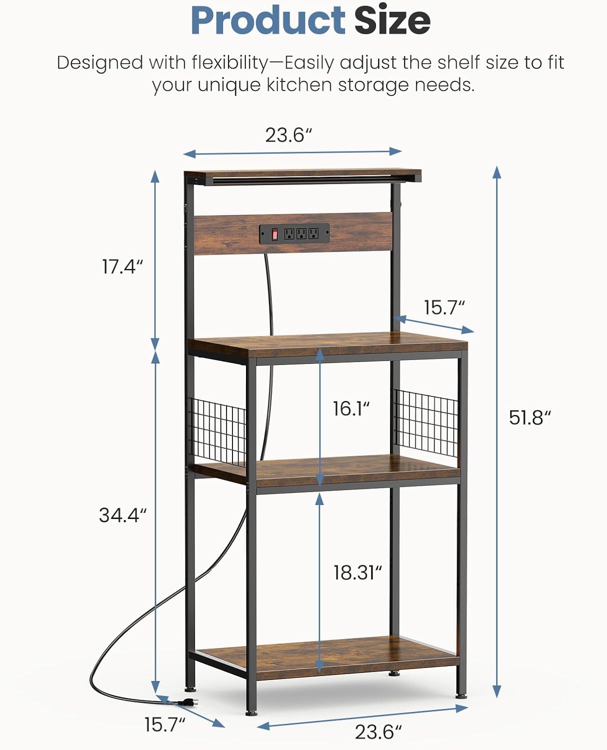 DUMOS Kitchen Bakers Rack with Power Outlet, 23.6-Inch Microwave Oven Stand, Coffee Bar Station with 3-Tier Adjustable Storage Shelf, Small Appliance Organizer for Spices, Pots and Pans, Brown