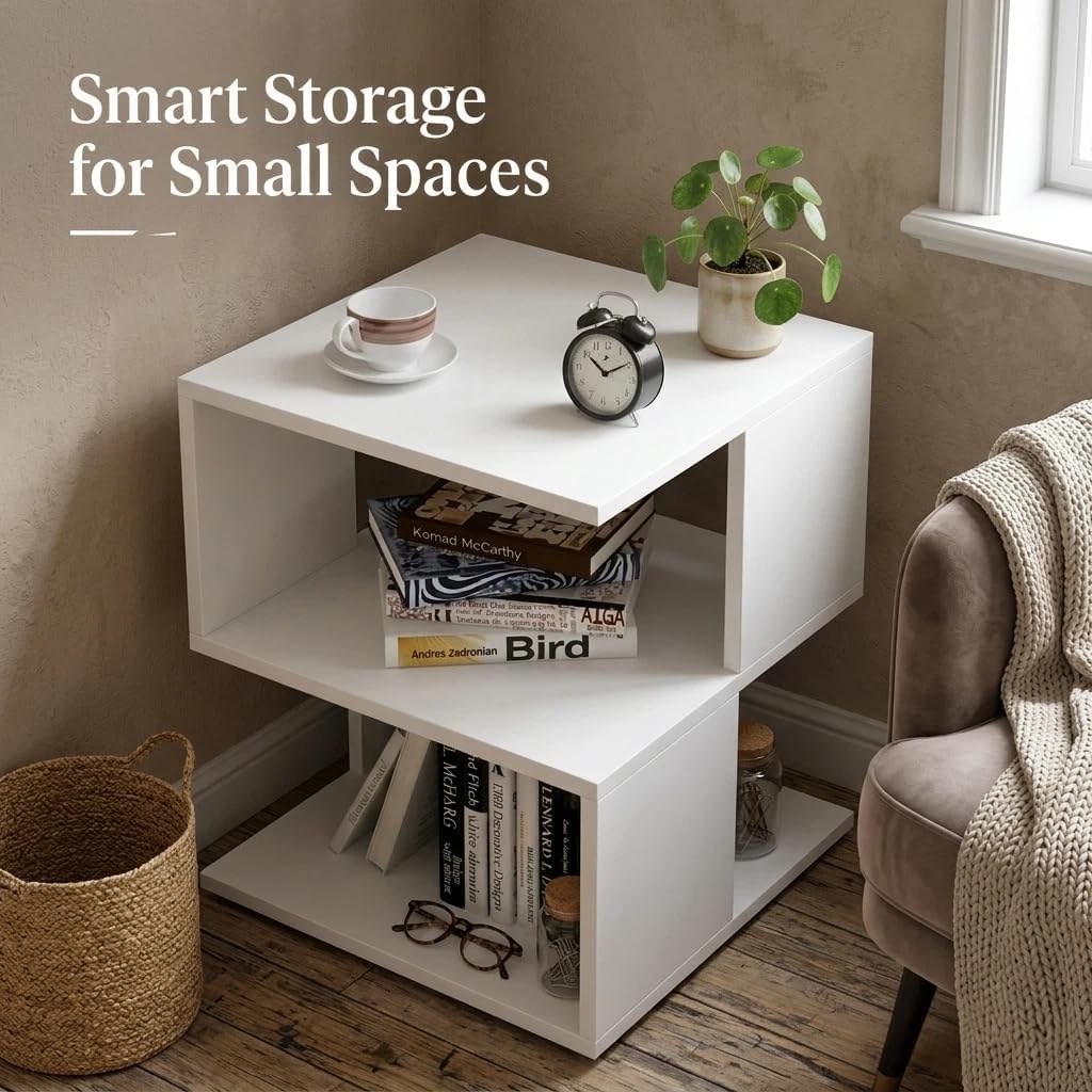 Small White Nightstand with Shelf, Modern Bedside Table, MDF Wood End Table for Bedroom Living Room, Compact Side Table, Easy Assembly