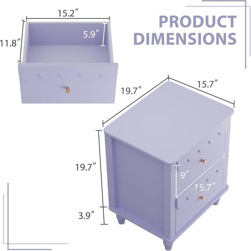 Purple Nightstand Side End Table with 2 Drawers, Modern Night Stand with Petal Pattern for Bedroom, Scalloped Bedside Night Tables with Solid Wood Legs