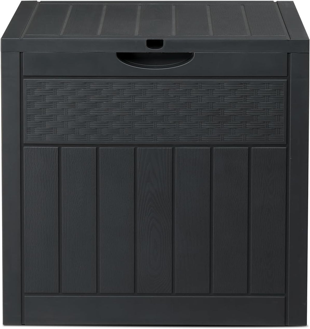 Dark Gray 33 Gal Wood & Rattan Plastic Storage Bench, Outdoor Deck Box, Patio Storage Box for Garden Cushions Tools, Garden Tool Storage Pool Accessory Holder Cushions Lid Side Table Function