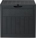 Dark Gray 33 Gal Wood & Rattan Plastic Storage Bench, Outdoor Deck Box, Patio Storage Box for Garden Cushions Tools, Garden Tool Storage Pool Accessory Holder Cushions Lid Side Table Function