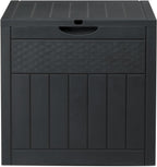 Dark Gray 33 Gal Wood & Rattan Plastic Storage Bench, Outdoor Deck Box, Patio Storage Box for Garden Cushions Tools, Garden Tool Storage Pool Accessory Holder Cushions Lid Side Table Function