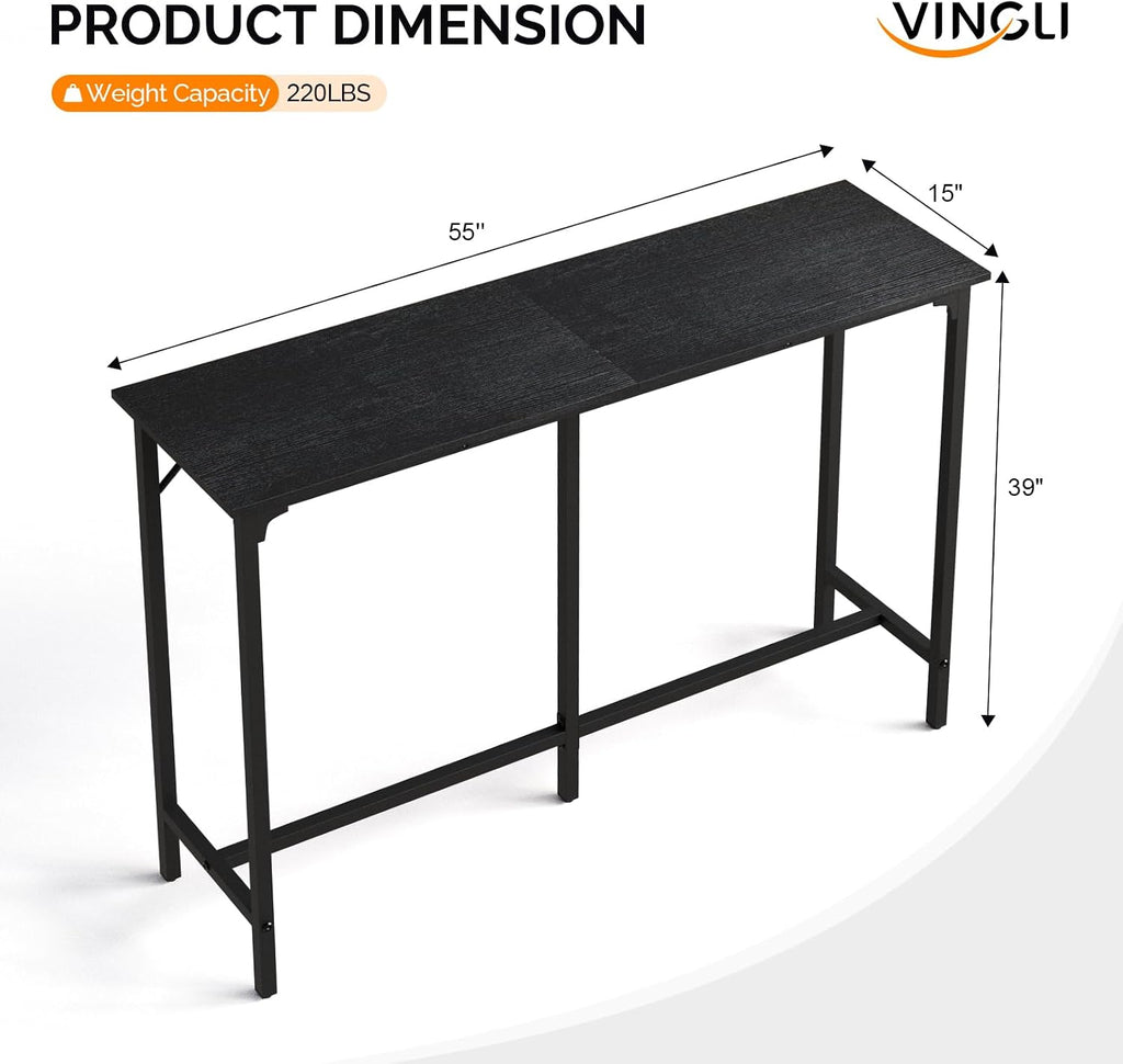 VINGLI 55 Inch High Top Bar Table, Wooden Rectangular Narrow Long Counter Height Pub Table, Multi-Scene Use for Kitchen Living Room Dining Sofa Entryway, Black