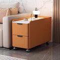 Modern Narrow Side Table with 2 Drawers, Movable Nightstand, Solid Wood Frame Leather Wrapped with Rock Slab Top, for Living Room Bedroom(Orange,31.5x15.7x23.6in)