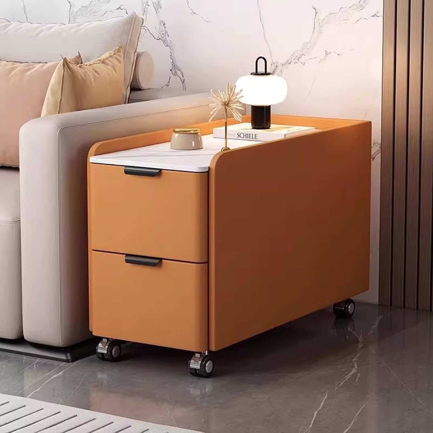 Modern Narrow Side Table with 2 Drawers, Movable Nightstand, Solid Wood Frame Leather Wrapped with Rock Slab Top, for Living Room Bedroom(Orange,31.5x15.7x23.6in)