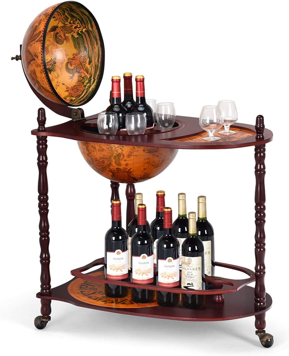 LDAILY Globe Bar, 34.5”Wood Wine Bar Stand with Wheels, Bottom Shelf & Old World Map, 16 Century Italian Replica Globe Bar Liquor Cabinet, Large Capacity Bar Cart for Home, Restaurant, Party