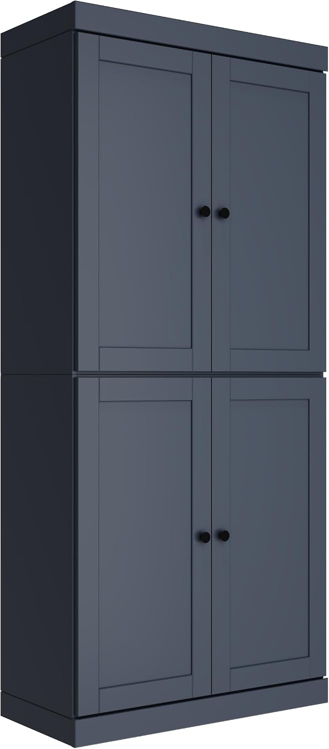 Palace Imports Solid Wood Kitchen Pantry Cabinet - 71.5" H x 32" W - Wooden Storage Cabinet w/ 4 Shaker Doors, 2 Drawers & 4 Adjustable Shelves, Antique Blue, 100% Eco-Friendly Wood, Made in Brazil
