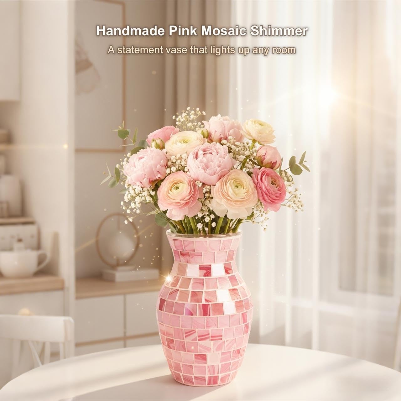 Pink Vase for Flowers, 8 Inch Mosaic Glass Centerpiece | Pink Gradient Tiles, Wedding Table Decor, 5.42 Inch Body for Bouquets and Pampas