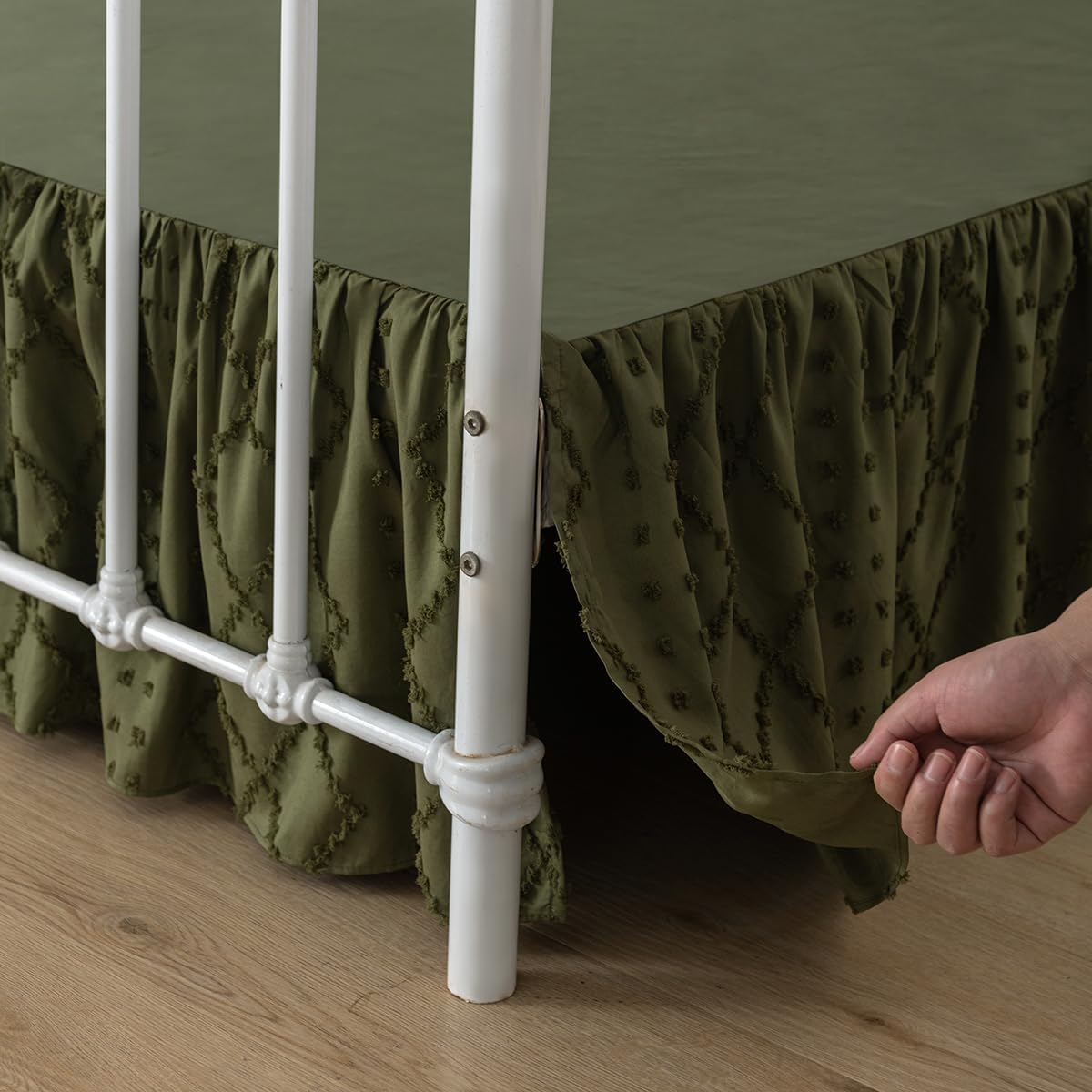 Bed Skirt King Size Ruffled Bed Skirt with Split Corners, 18 Inch Drop Dust Ruffle Bed Skirts with Platform, Boho Tufted Shabby Chic King Size Bed Skirts, Olive Green