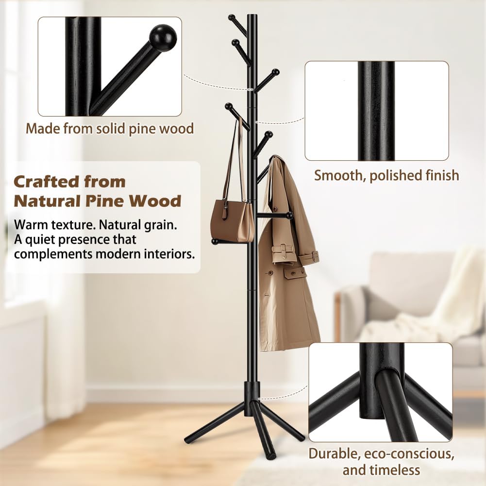 Wooden Coat Rack Freestanding, Adjustable Height Solid Wood Clothes Stand with 8 Ball-End Hooks, Stable Tripod Base, 5.7FT Floor Coat Tree for Entryway Bedroom Office, Black