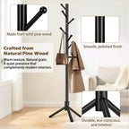 Wooden Coat Rack Freestanding, Adjustable Height Solid Wood Clothes Stand with 8 Ball-End Hooks, Stable Tripod Base, 5.7FT Floor Coat Tree for Entryway Bedroom Office, Black