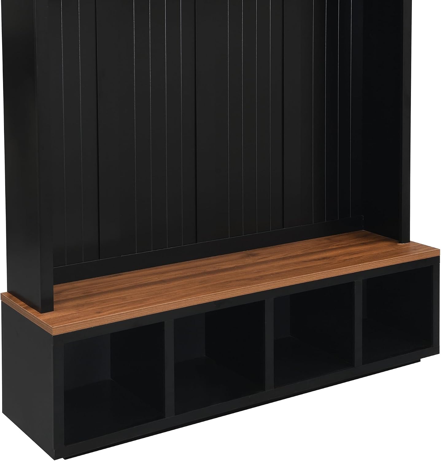 VilroCaz Modern 59''W Hall Tree with Bench and Storage, Farmhouse Wood-grain Accent 4-in-1 Hall Tree with Top Cabinets, Coat Racks and Hooks for Hallway Living Room Mudroom (Black-4DM)