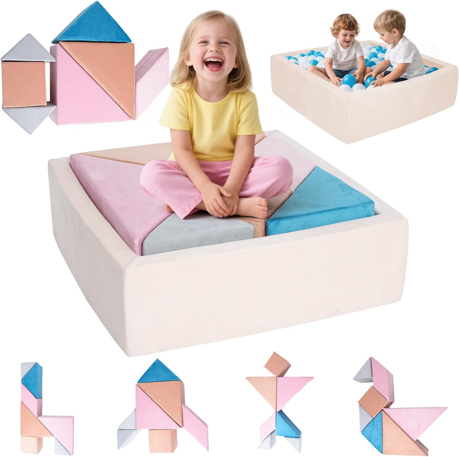 Modular Kids Play Couch Tangram Puzzles Kids Couch with Ball Pit (Balls not Included) Colorful Educational Building Blocks DIY Creativing Soft Play Activity Playset for Playroom Bedroom (Pink)
