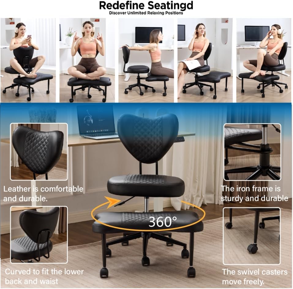 Upgraded Ergonomic Cross Legged Swivel Chair, Adjustable Height and PU Leather, Meditation& ADHA Chair with Back Support, Home and Office,Yoga Chair, Black