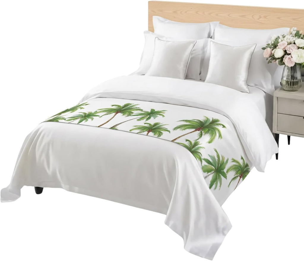 Green Palm Trees Bed Runner Scarf Cal King Size, Summer Botanical Tree Tropical Luxury Bed Throw Runners & Scarves for Twin Full Queen King Foot of Beds, Hotel Decoration, 102"x20"