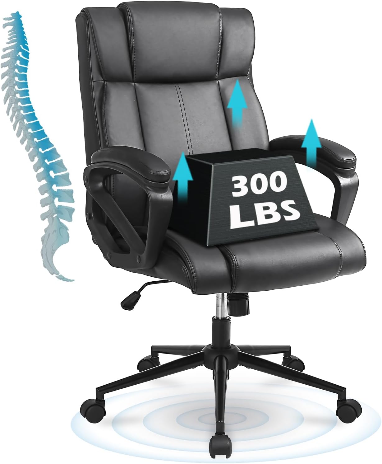 Executive Office Chair with Thicken Armrest, Ergonomic Home Office Desk Chair with Lumbar Support, Upholstered PU Leather Computer Gaming Chair for Home/Office, Black