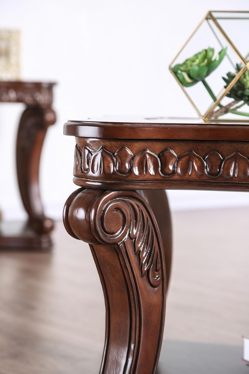 Style Coffee Table 5mm Tempered Glass Top Legs Carved Dark Oak End Table Not Included