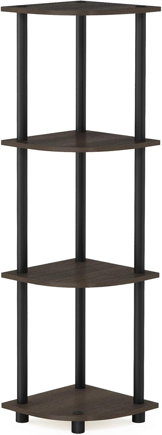 Furinno Turn-N-Tube Toolless Assembly 4-Tier Corner Shelf, Black Corner Book Shelf, Open Shelves Bookshelf, for Organization and Storage, Living Room, Home Office, Bedroom, Brown Grain