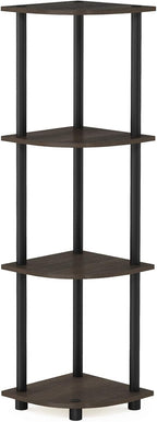 Furinno Turn-N-Tube Toolless Assembly 4-Tier Corner Shelf, Black Corner Book Shelf, Open Shelves Bookshelf, for Organization and Storage, Living Room, Home Office, Bedroom, Brown Grain