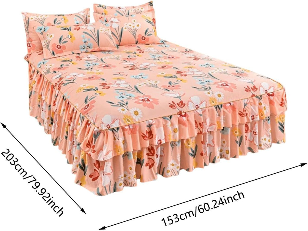 3-Piece Ruffled Bed Skirt Set with Floral Print, Floral Ruffled Bed Skirt 3-Piece Set, Soft Bedding Set with Pillowcase, Elegant Bed Sheet Set for Bedroom Decor (White, 60×80 inches)