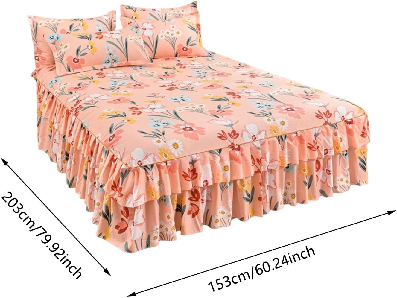 3-Piece Ruffled Bed Skirt Set with Floral Print, Floral Ruffled Bed Skirt 3-Piece Set, Soft Bedding Set with Pillowcase, Elegant Bed Sheet Set for Bedroom Decor (White, 60×80 inches)