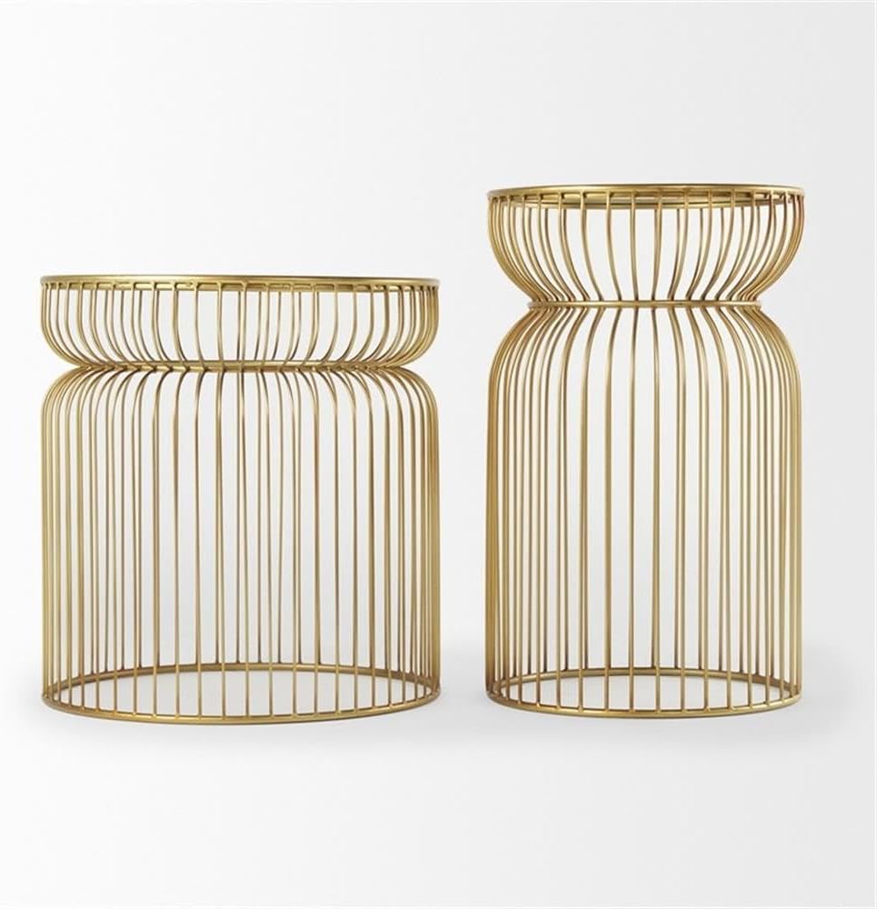 Pemberly Row Set of 2 Round Metal Accent Tables, Gold Cage-Like Base, Tempered Glass Top, Contemporary Design, 30.7x18.9x20.1 in Each, Elegant Style for Living Room or Lounge