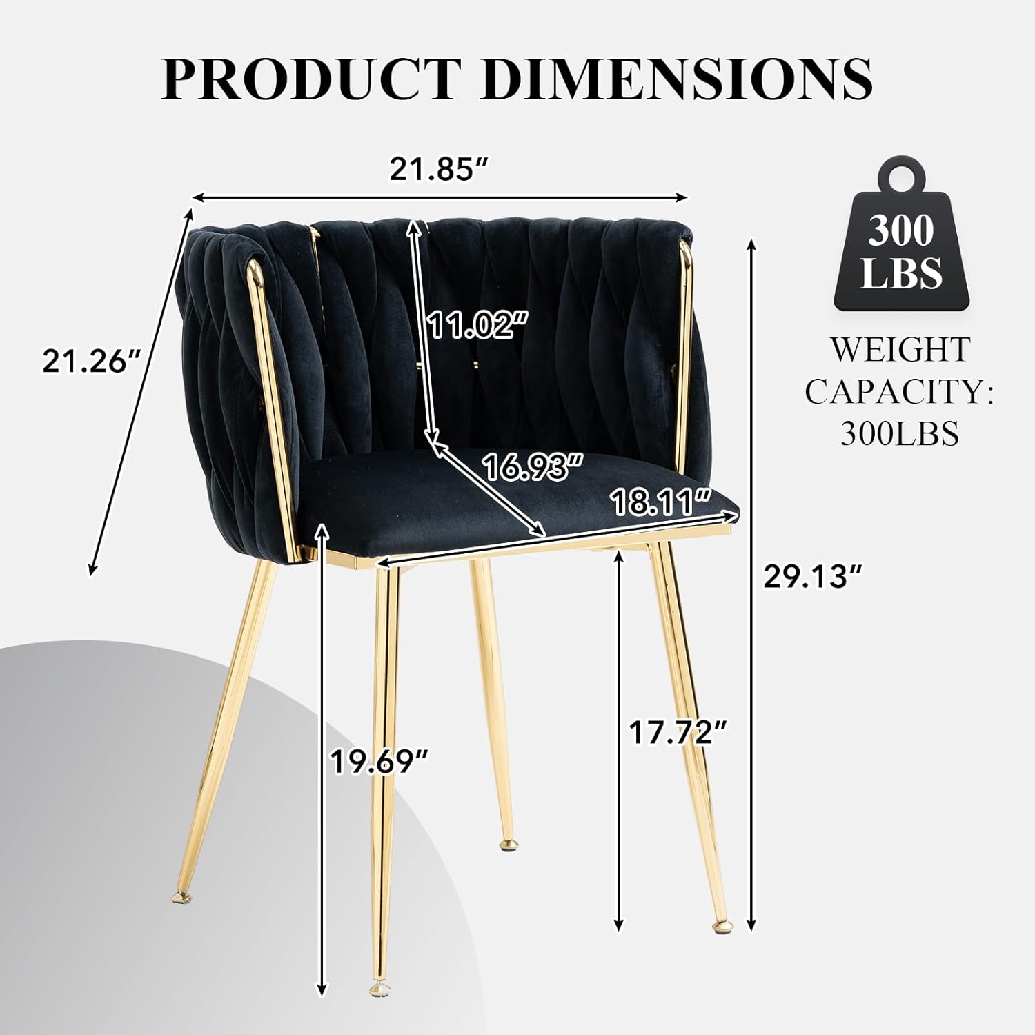 Modern Hand Weaving Dining Chairs Set of 2, Velvet Upholstered Dining Room Chairs with Gold Legs, Elegant Side Chair with Curved Backrest, Accent Chair for Dining Room, Kitchen (Black)