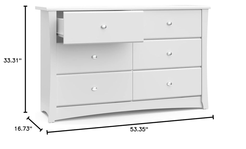Storkcraft Crescent 6-Drawer Dresser, White | GREENGUARD Gold Certified, White Dresser for Bedroom, Kids & Nursery Storage Chest, Safety Interlocking Drawers, Kids Bedroom