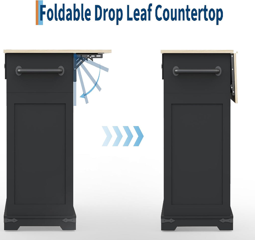 Large Rolling Kitchen Island with Power Outlet, Mobile Kitchen Cart on Wheels with Drop Leaf, 3 Drawers, Trash Can Storage, Spice Rack, Towel Holder, Kitchen Island Table for Dining Room, Home, Black