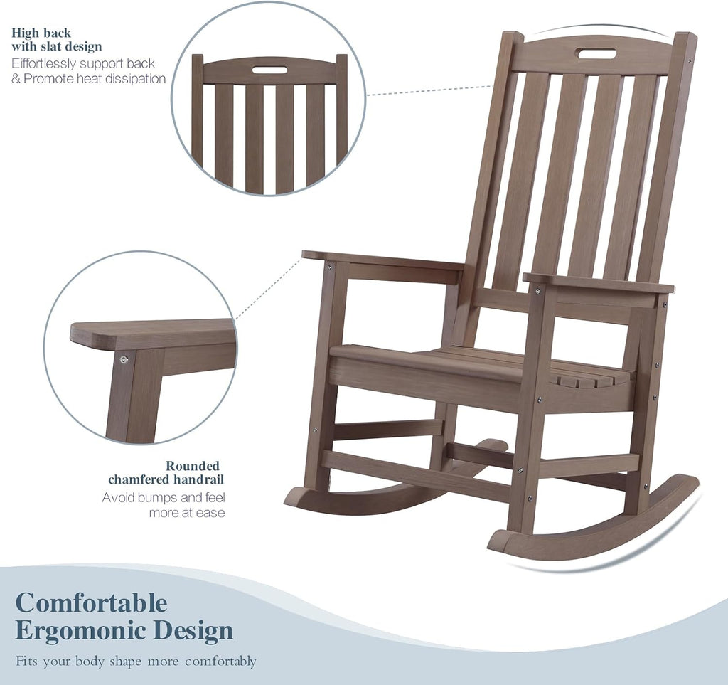 Psilvam Oversized Outdoor Rocking Chair Set of 2, Porch Rocker with 21" Wide Seat and 32" Tall Backrest, Pre-Assembled with Most Components for Effortless Installation (Brown)