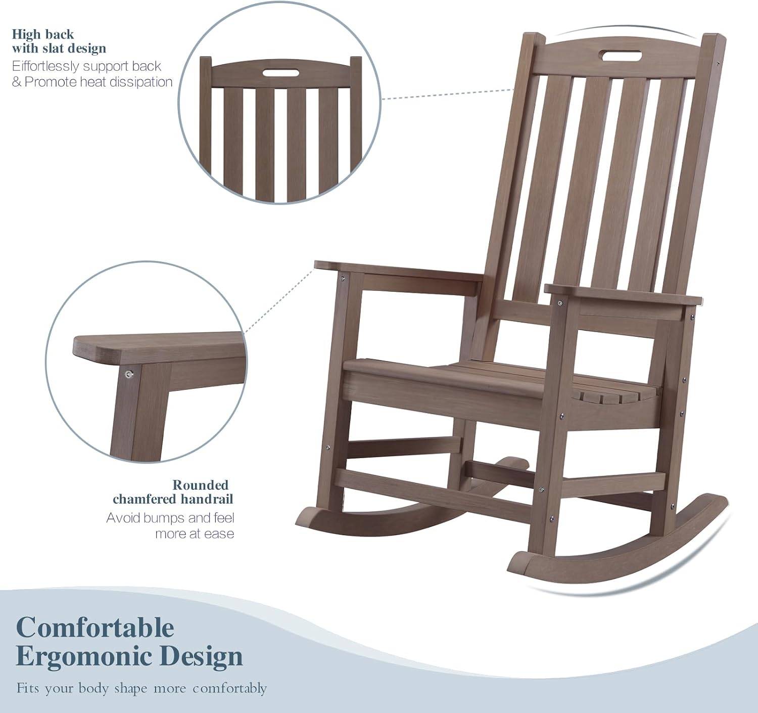 Psilvam Oversized Outdoor Rocking Chair Set of 2, Porch Rocker with 21" Wide Seat and 32" Tall Backrest, Pre-Assembled with Most Components for Effortless Installation (Brown)