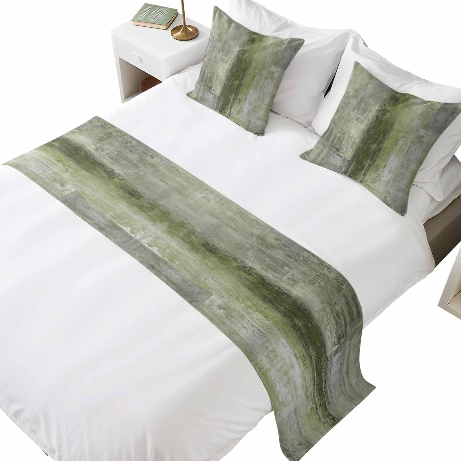 Bed Runner for King Size Bed, Sage Green Decorative Beds Runners and 2 Matching Pillow Covers Set, Retro Oil Painting Modern Abstract Art Aesthetics Beds Scarf Throw for Foot of Bedding Set for Hotel