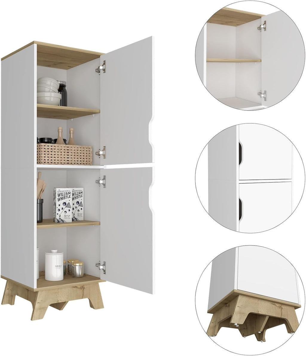 White Kitchen Pantry, Pantry with Four Storage Shelves & Double Doors Cabinets, Static Wooden Base, Easy to Assemble, for Kitchen Storage, 17.7" W×15.7" D×59.3" H