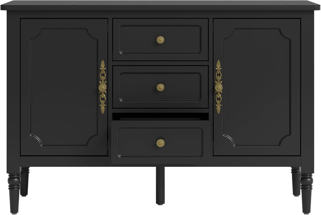 RoyalCraft Buffet Cabinet with Storage, Vintage Sideboard with 2 Doors & 3 Drawers, Coffee Bar Table with Solid Wood Legs, Mid Century Modern Painted Credenza for Kitchen, Dining Room, Black