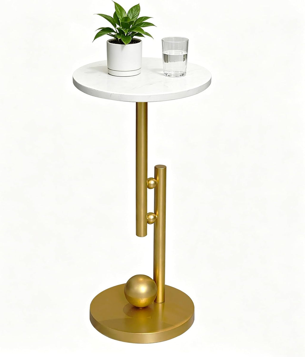 Small Marble End Table, Round Side Table, Modern Drink Table, Pedestal Accent Table for Living Room, Bedroom, Sofa Side, Nightstand for Small Spaces, Easy Assembly, White and Gold