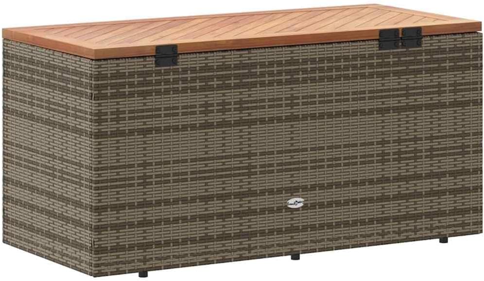 Garden Storage Box, Rectangular Outdoor Storage Bench with Acacia Wood Accents, PE Rattan Deck Box for Patio and Garden, Grey, 43.3 x 19.7 x 21.3 in