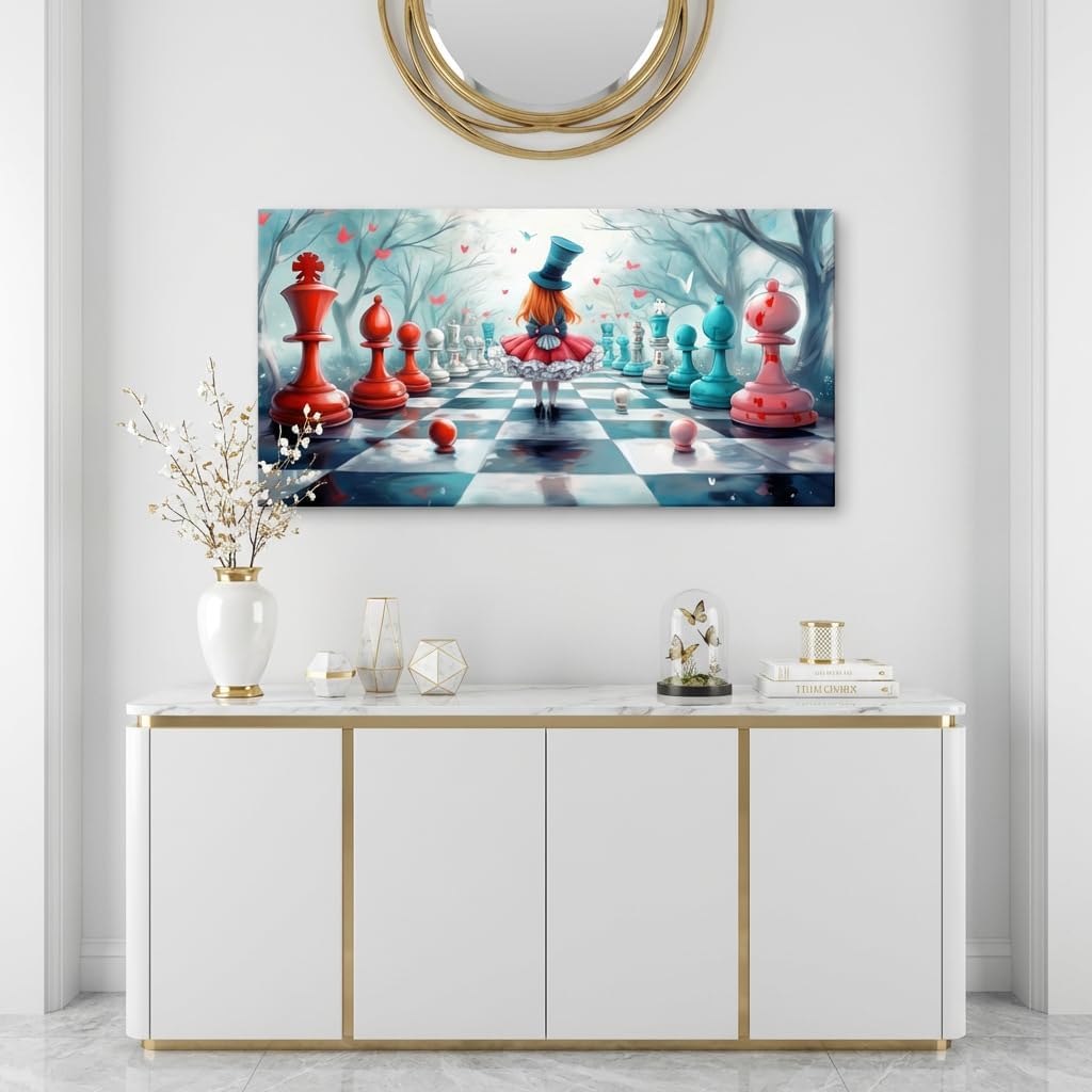 ZESTRILIA Alice in Wonderland Chess Canvas Wall Art, Fantasy Surrealist Whimsical Fairy Tale Decor for Living Room, Girls Bedroom Family Room (40x20 Inches)