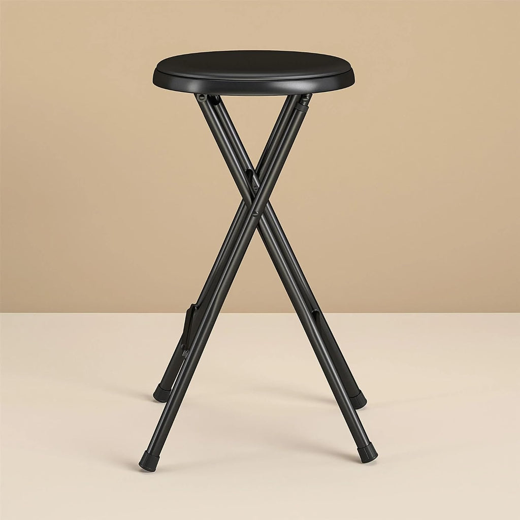 Folding Metal Stool, Black - Heavy-Duty, Compact & Portable, Stackable for Home, Garage & Workshop Use