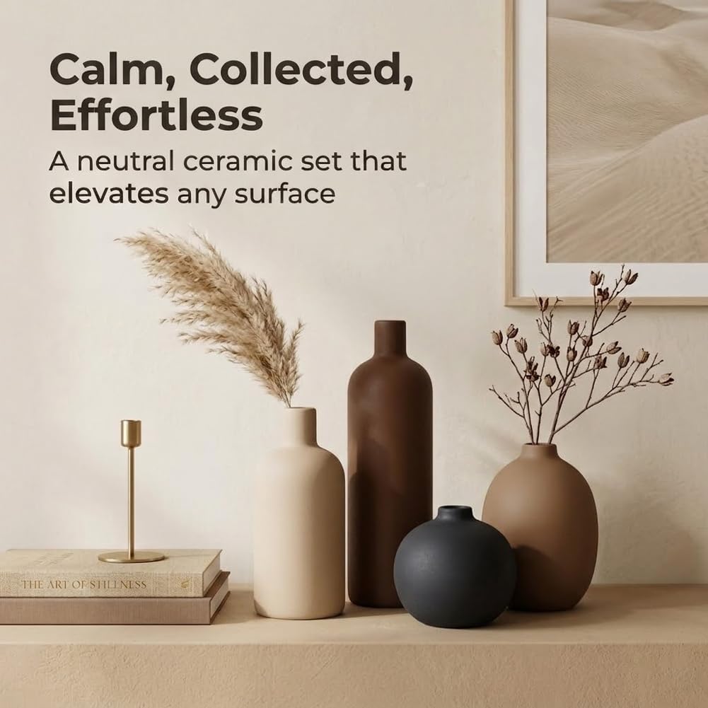 Ceramic Neutral Vase Set of 4 - Modern Decorative Flower Vases Home Decor, Rustic Farmhouse Table Decor for Living Room, Shelves, Entryway, Mantel, Boho Pottery Vases for Bouquets, Pampas, and Gifts