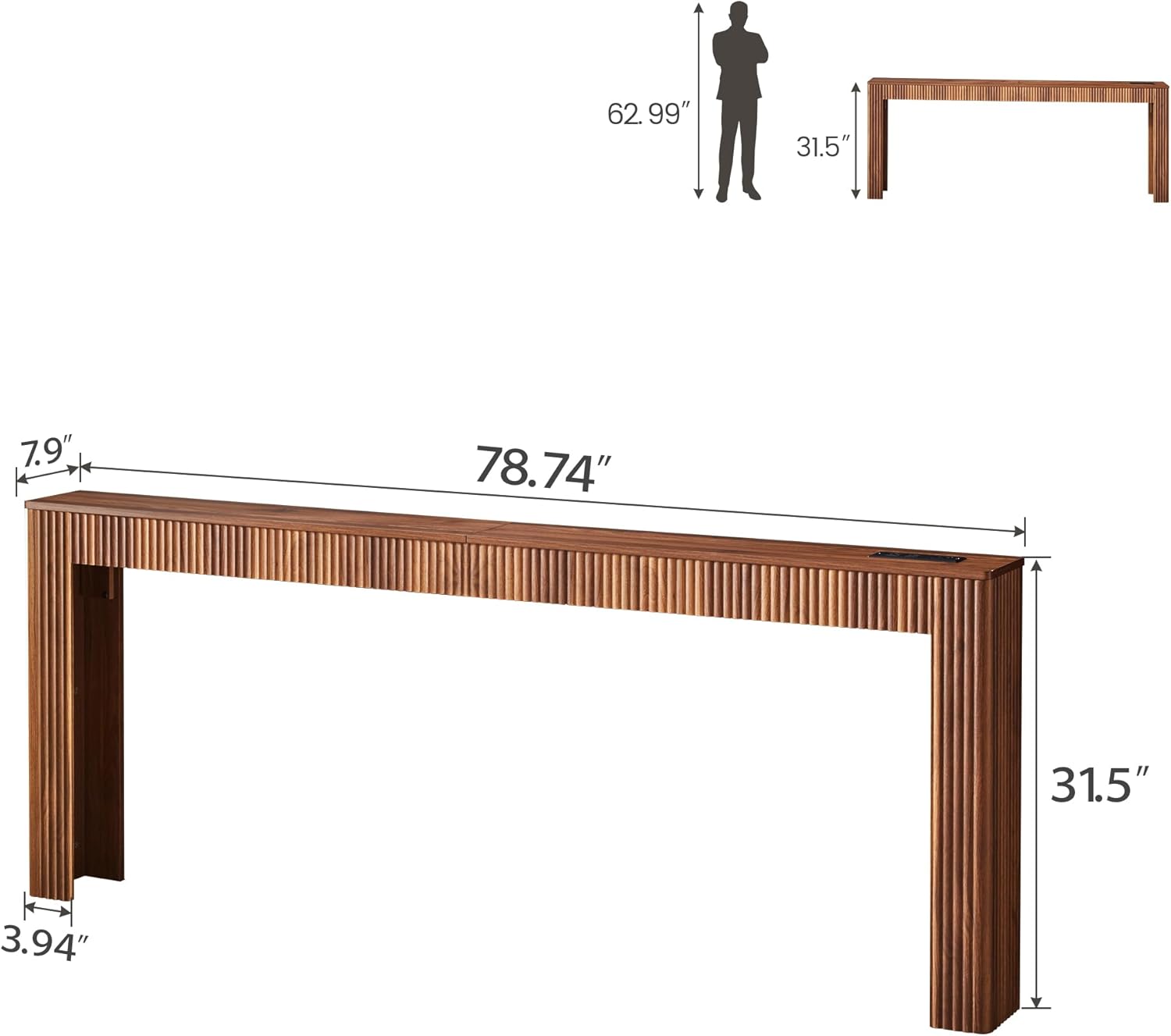 79" Fluted Console Table with Charging Station, Mid Century Modern Narrow Entryway Table with Power Outlet & USB Ports, Long Wooden Sofa Table Behind Couch, Hallway Accent Table for Foyer