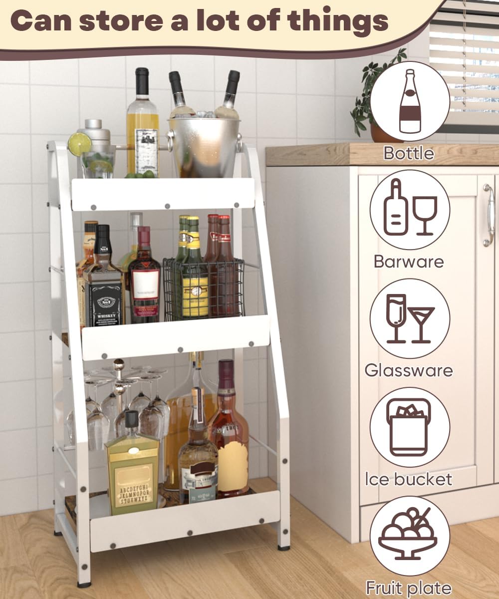 3-Tier Liquor Stand for Home Bar, Trapezoid Freestanding Whisky Bottle Holder with Fences, Stepped Versatile Liquor Bottle Display Shelf, Corner Floor Bar Stand for Liquor Storage, White